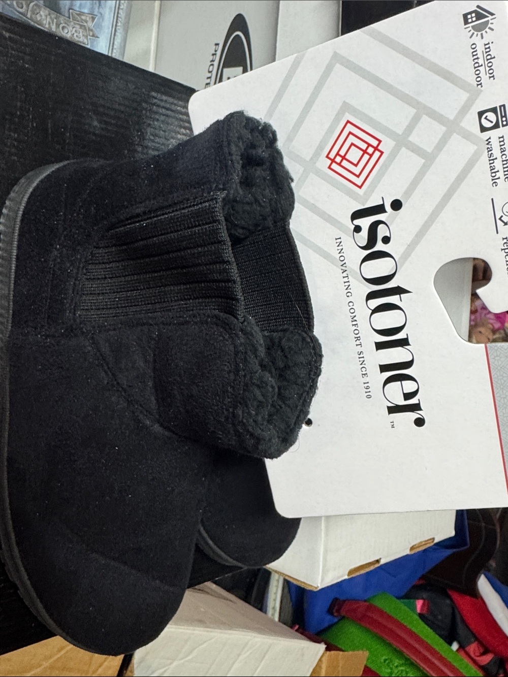 isotoner Black Fleece-Lined Ankle Slippers